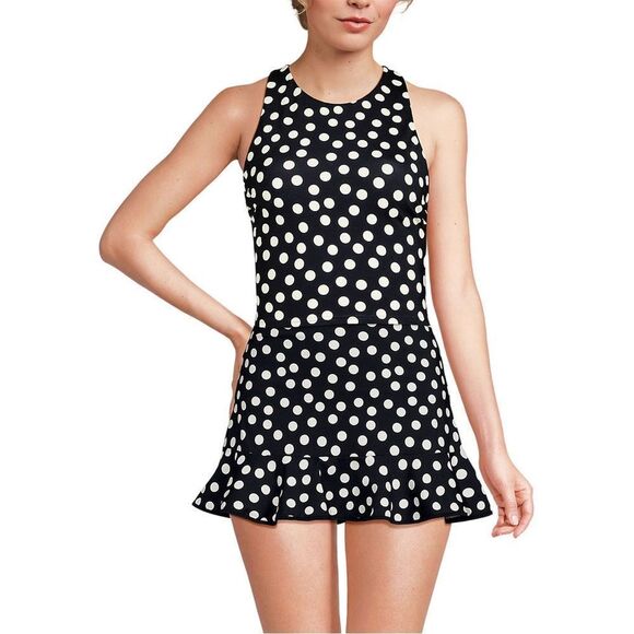 Land's End Tankini top Racer Back High Neck Midkini black egret polkadot Var - Picture 2 of 9